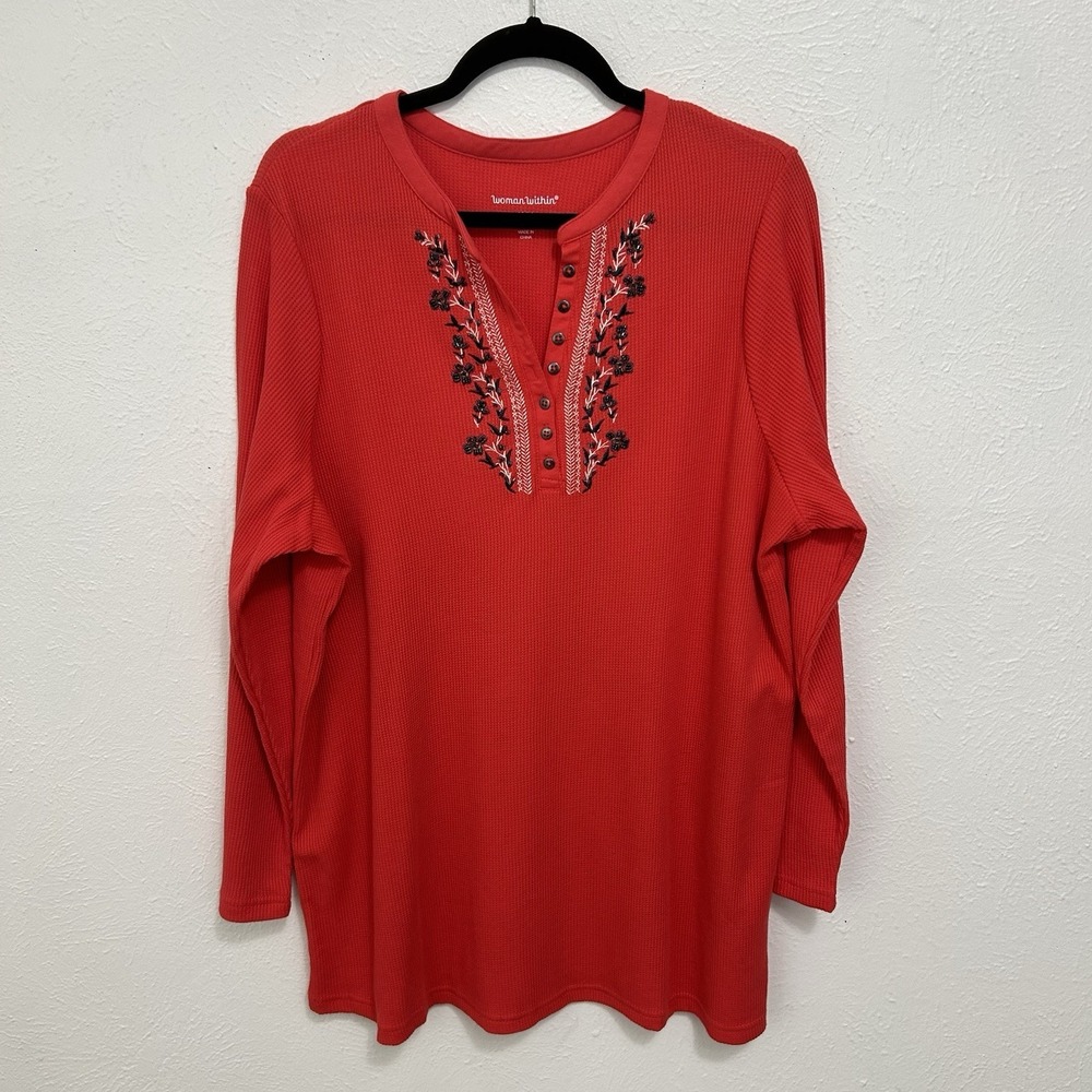Woman Within Red Waffle‎  Beaded Floral Embroidered Henley Tunic Top Sz 1X 22/24